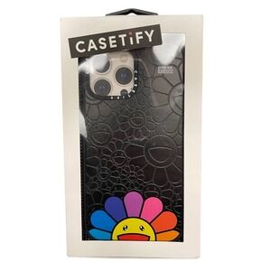 Casetify iPhone 13 Pro Max Black Case Rainbow 70's Flower Smiley Face Verified